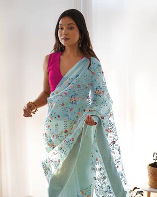 Grey girlie organza saree with resham embroidery work 3