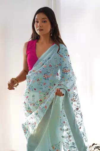 Grey girlie organza saree with resham embroidery work