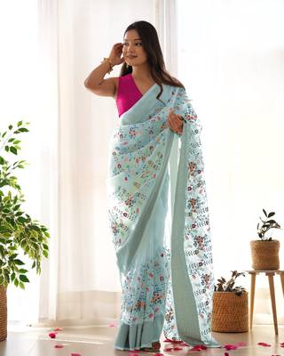 Grey girlie organza saree with resham embroidery work 4
