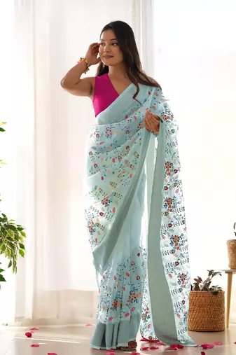 Grey girlie organza saree with resham embroidery work