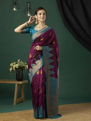 Wine faux banarasi silk blend wevon zari heavy and ethnic partywear saree 1