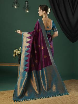Wine faux banarasi silk blend wevon zari heavy and ethnic partywear saree 2