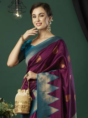 Wine faux banarasi silk blend wevon zari heavy and ethnic partywear saree 3