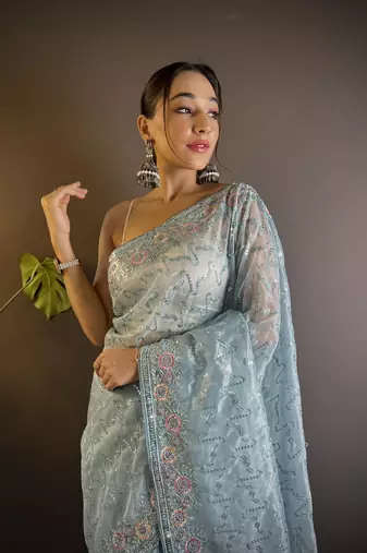 Grey twill net c girlie saree with trendy embroidered saree