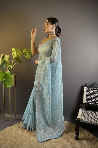 Grey twill net c girlie saree with trendy embroidered saree