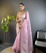 Pink twill net c girlie saree with trendy embroidered saree