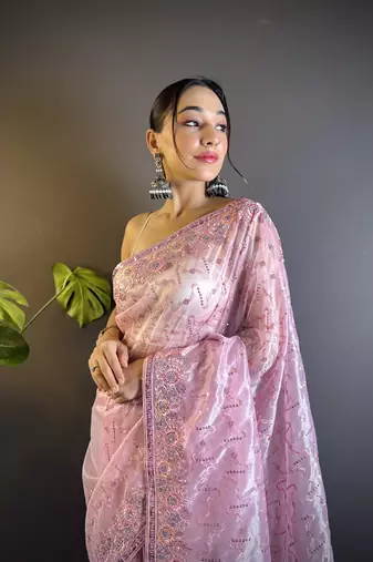 Pink twill net c girlie saree with trendy embroidered saree