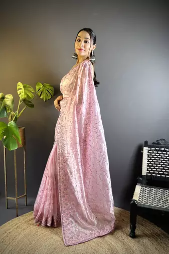 Pink twill net c girlie saree with trendy embroidered saree