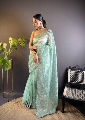 Sea green twill net c girlie saree with trendy embroidered saree 1