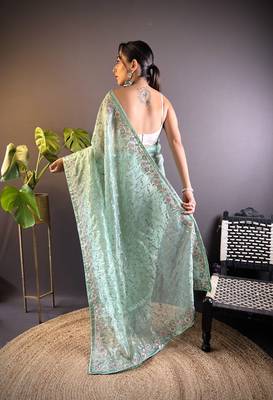 Sea green twill net c girlie saree with trendy embroidered saree 2