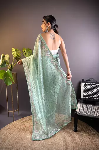 Sea green twill net c girlie saree with trendy embroidered saree