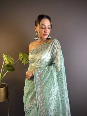 Sea green twill net c girlie saree with trendy embroidered saree 3