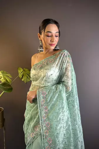 Sea green twill net c girlie saree with trendy embroidered saree
