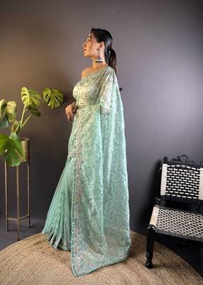 Sea green twill net c girlie saree with trendy embroidered saree 4
