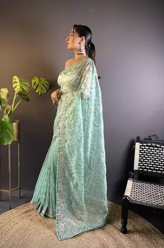Sea green twill net c girlie saree with trendy embroidered saree