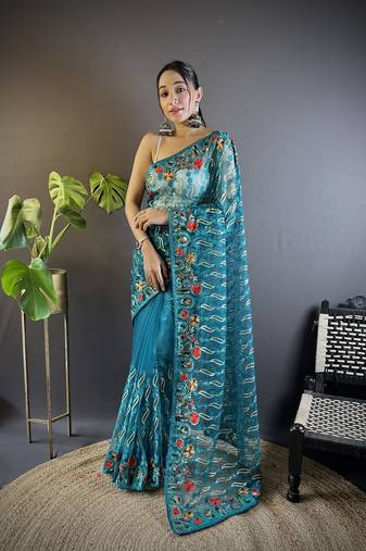 Rama girlie butterfly net c stylish resham embroidered partywear saree