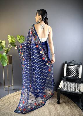 Blue girlie butterfly net c stylish resham embroidered partywear saree 2