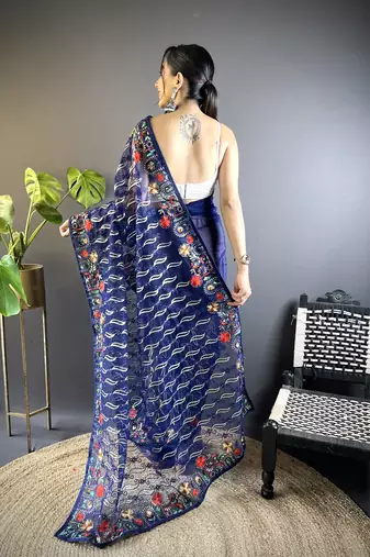 Blue girlie butterfly net c stylish resham embroidered partywear saree