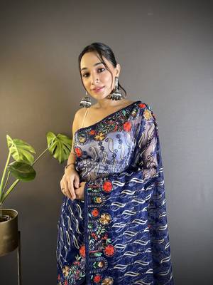 Blue girlie butterfly net c stylish resham embroidered partywear saree 3