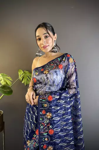 Blue girlie butterfly net c stylish resham embroidered partywear saree