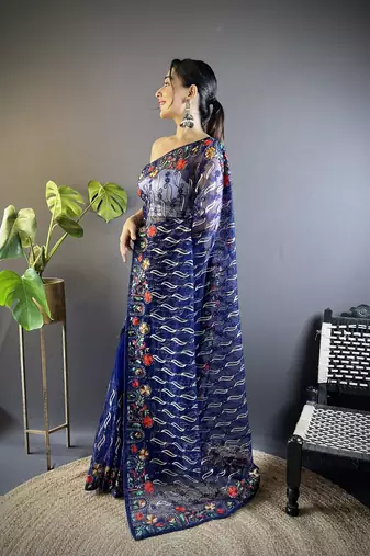 Blue girlie butterfly net c stylish resham embroidered partywear saree