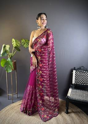 Magenta girlie butterfly net c stylish resham embroidered partywear saree 1