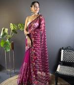Magenta girlie butterfly net c stylish resham embroidered partywear saree