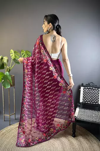 Magenta girlie butterfly net c stylish resham embroidered partywear saree