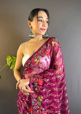 Magenta girlie butterfly net c stylish resham embroidered partywear saree 3