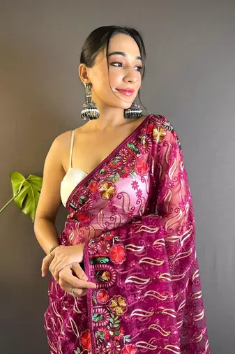 Magenta girlie butterfly net c stylish resham embroidered partywear saree