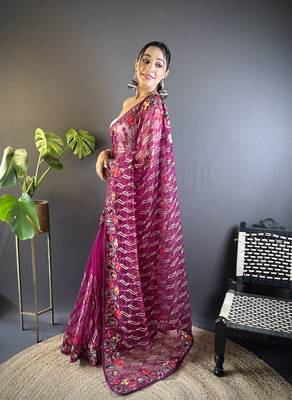 Magenta girlie butterfly net c stylish resham embroidered partywear saree 4