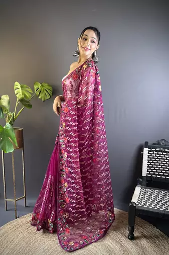 Magenta girlie butterfly net c stylish resham embroidered partywear saree