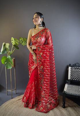 Red girlie butterfly net c stylish resham embroidered partywear saree 1