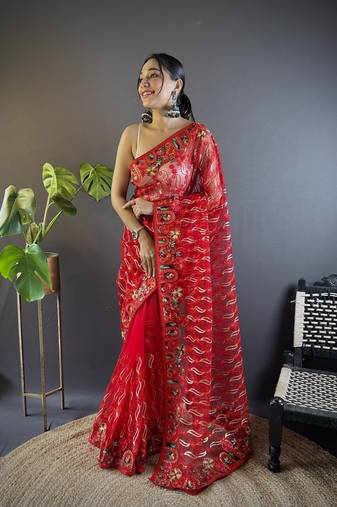 Red girlie butterfly net c stylish resham embroidered partywear saree