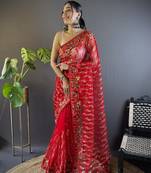 Red girlie butterfly net c stylish resham embroidered partywear saree