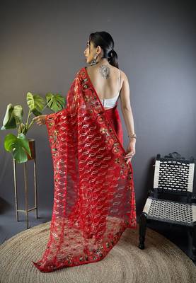 Red girlie butterfly net c stylish resham embroidered partywear saree 2