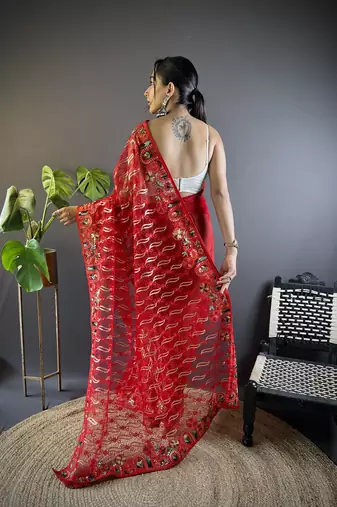 Red girlie butterfly net c stylish resham embroidered partywear saree