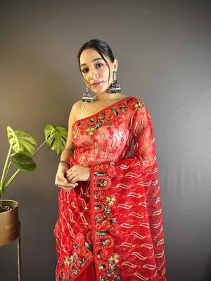 Red girlie butterfly net c stylish resham embroidered partywear saree 3