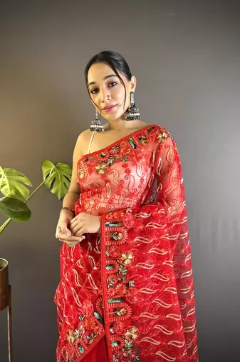 Red girlie butterfly net c stylish resham embroidered partywear saree