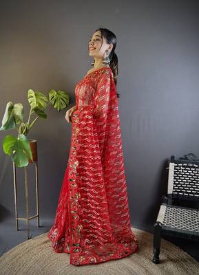Red girlie butterfly net c stylish resham embroidered partywear saree 4