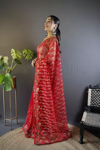 Red girlie butterfly net c stylish resham embroidered partywear saree