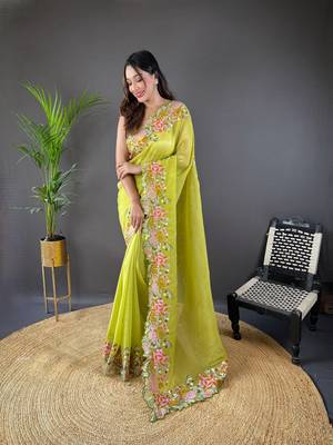 Green glossy silk blend cross stich embroidery cut work adorable partywear girlie saree 1