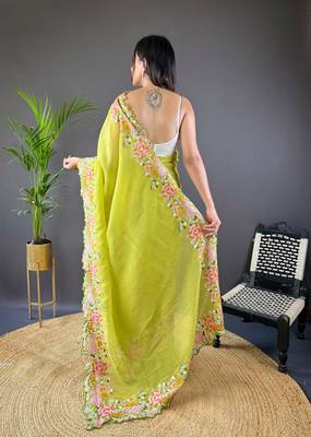 Green glossy silk blend cross stich embroidery cut work adorable partywear girlie saree 2