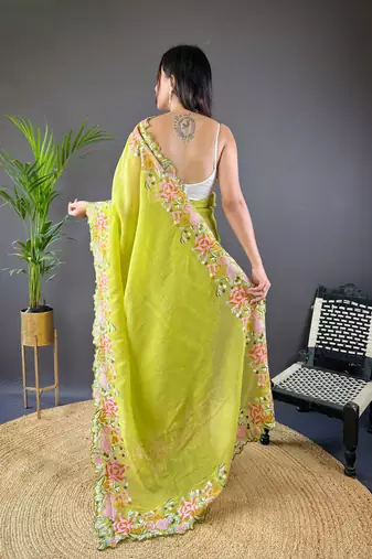 Green glossy silk blend cross stich embroidery cut work adorable partywear girlie saree