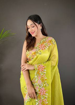 Green glossy silk blend cross stich embroidery cut work adorable partywear girlie saree 3