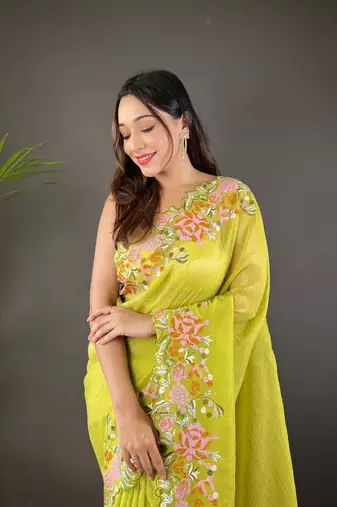Green glossy silk blend cross stich embroidery cut work adorable partywear girlie saree
