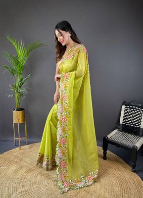Green glossy silk blend cross stich embroidery cut work adorable partywear girlie saree 4