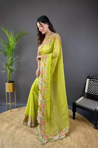 Green glossy silk blend cross stich embroidery cut work adorable partywear girlie saree