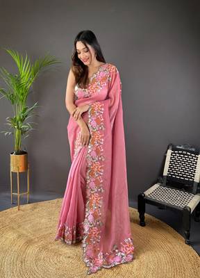 Pink glossy silk cross stich embroidery cut work adorable partywear girlie saree 1