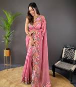 Pink glossy silk cross stich embroidery cut work adorable partywear girlie saree